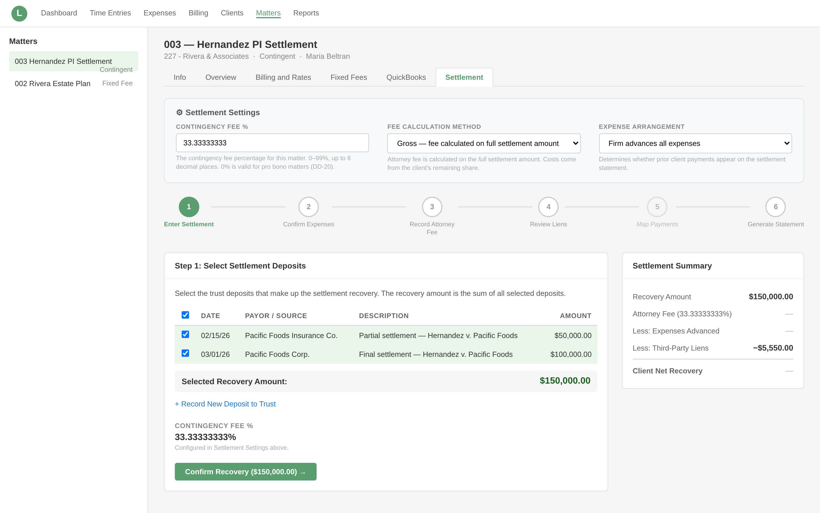 LeanLaw Contingency Settlement Wizard — Step 1 Enter Recovery